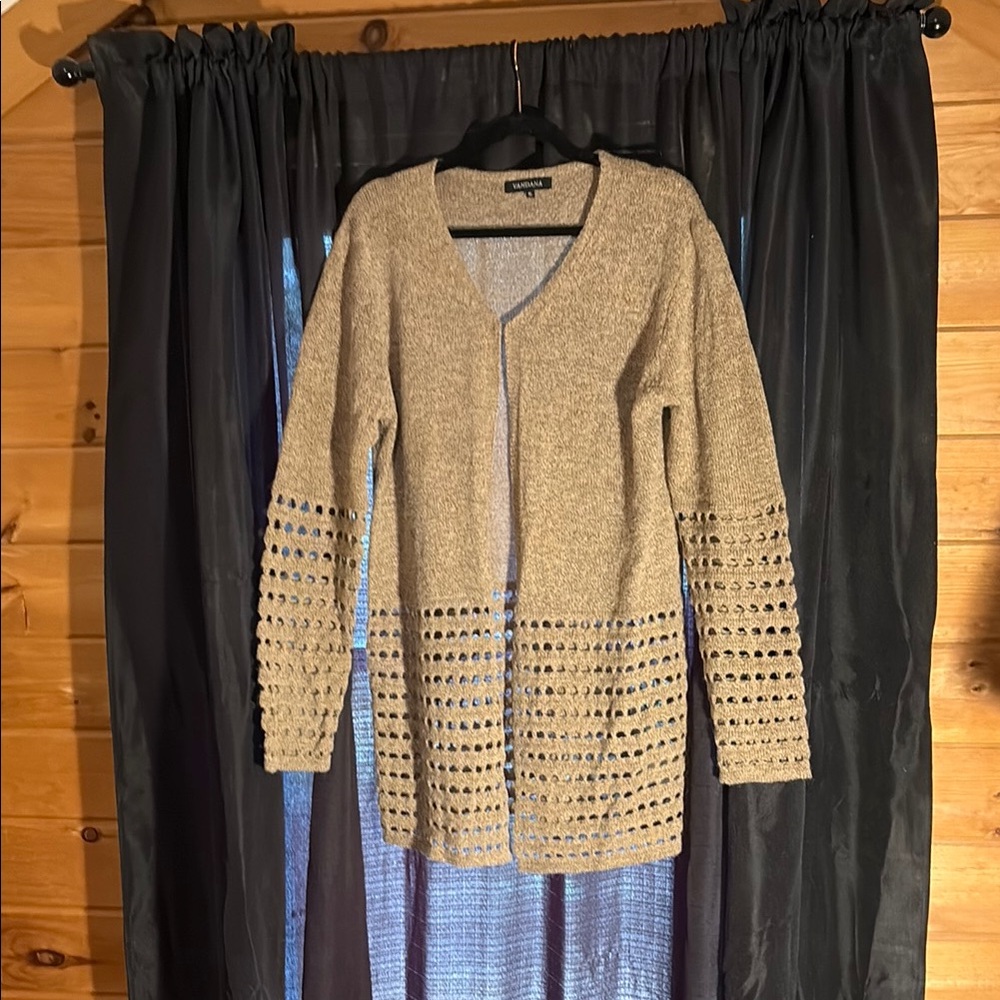 Vandana brand Tan and Black Cardigan Sweater with Open Knit Design.